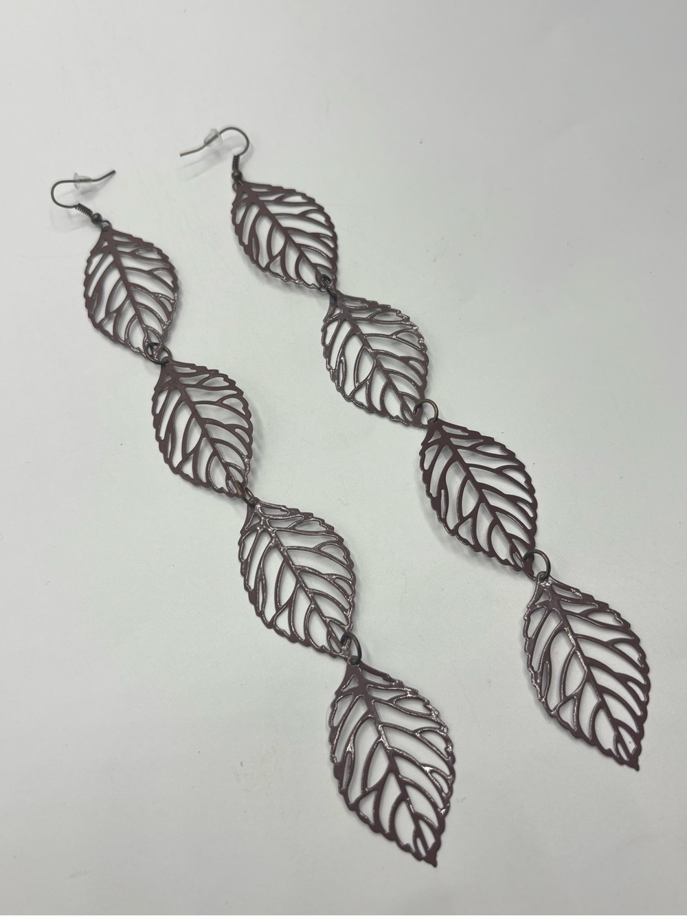 Vtg Long Brown Enamel Cascading Leaf Dangle Chandelier Earrings Boho Open Fall